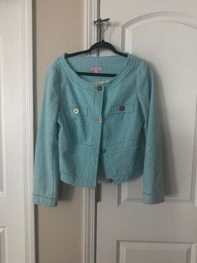 Lilly Pulitzer blue Tweed Jacket/ Blazer Frayed Trim Jacket Large